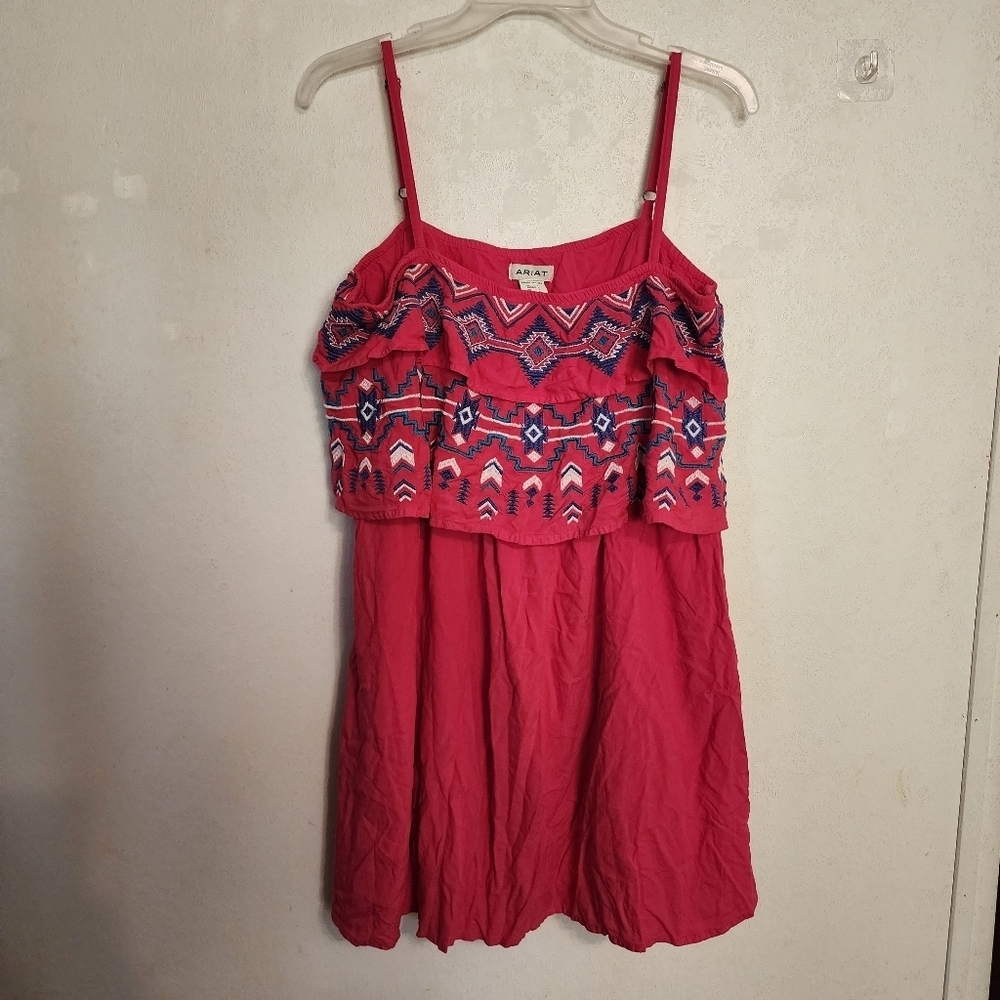 Ariat Malena Mini Dress Pink Peacock Embroidered Boho Western Size L